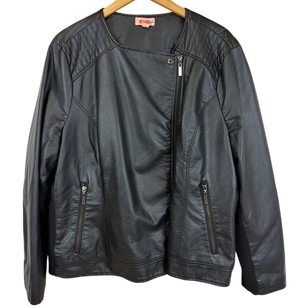 Evri Black Faux Leather Offset Zip Moto Jacket Size 2X